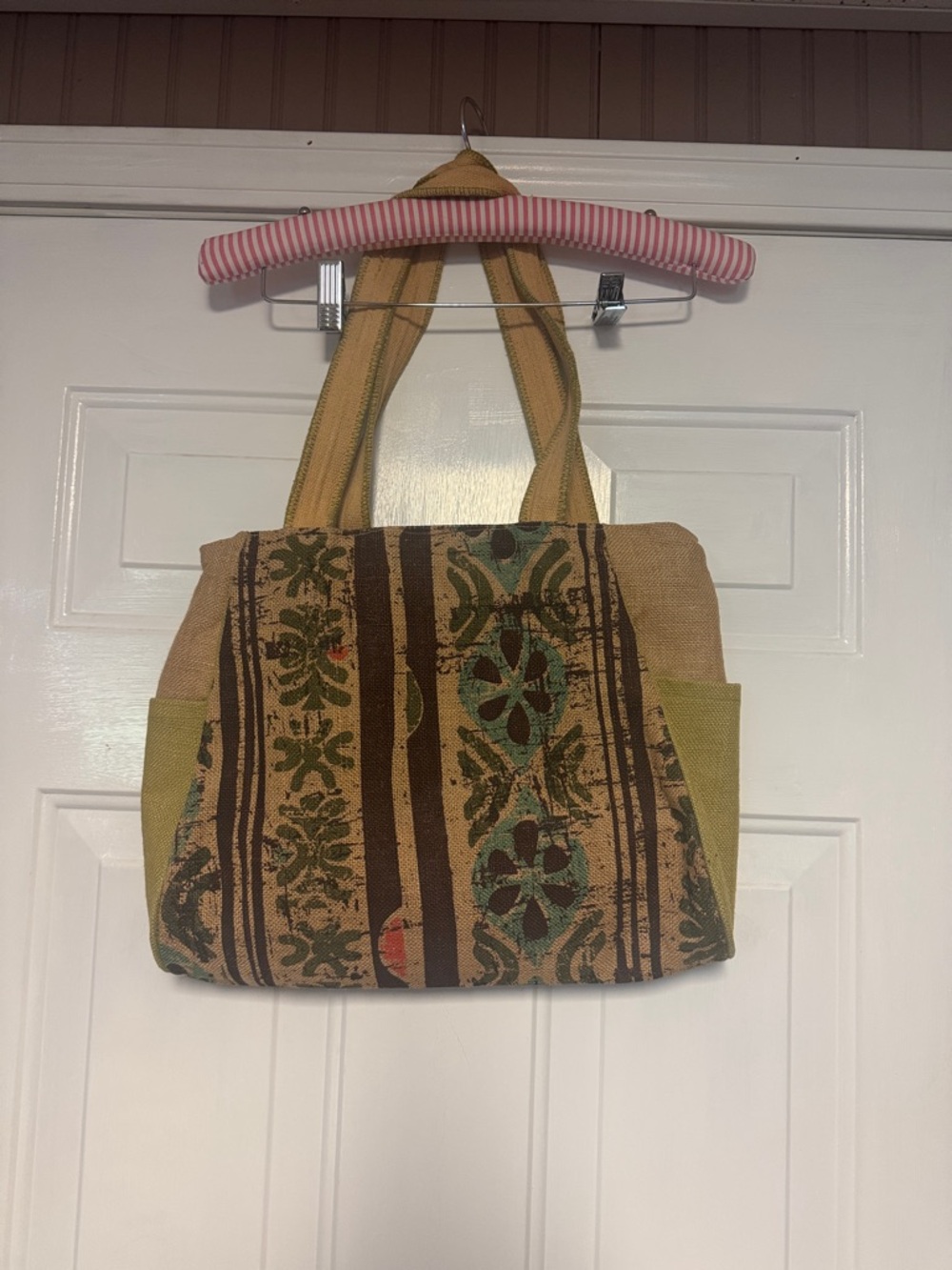 Boho Patterned Canvas Tote Bag in Tan and Green